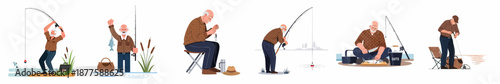 Elderly Fisherman Activities Set: Catching, Reeling, Baiting, and Preparing Fish. A collection of vector illustrations showing a senior man enjoying his fishing hobby outdoors.