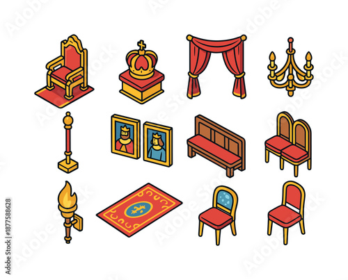 Isometric Throne Room Icons. Throne room. Colorful isometric vector icons set of throne room: golden throne, velvet carpet, crown pedestal, royal drapes,