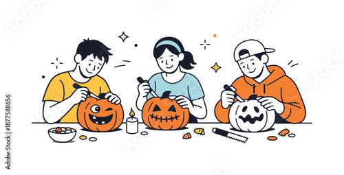 Pumpkin Carving Friends. Friends carving pumpkins creativity. Friends focused on carving unique pumpkin faces with smiles and concentration. Creative flow and