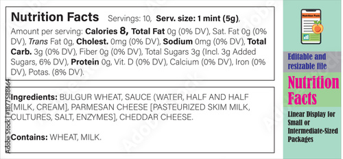 Nutrition facts, Supplement facts, Vitamin facts, Nutrition facts template, Editable nutrition label template, Linear Display for Small or Intermediate Sized Package