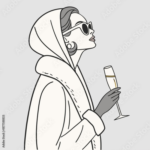 Luxurious Woman Wearing a White Fur Coat and Sunglasses, Holding a Champagne Flute Isolated on Pink Background