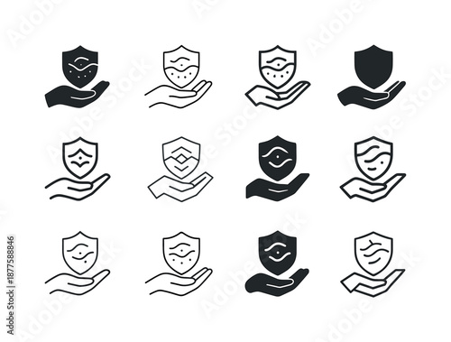 Skin Protection Logos. Skin and protection. Icon set. Set Logo of skin and protection: dermatology hand outline. harmonious logo variations of the same
