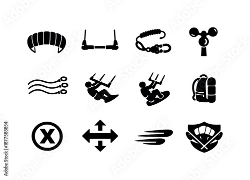 Kite Sports Icons. Kite sports. Solid icon set of kite sports: power kite, kite bar grip, safety leash, wind meter, traction lines, gliding figure, jump