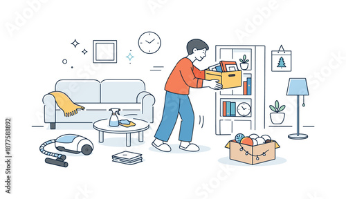 New Year Cleaning. Cleaning house before New Year preparation. Person tidying up a living room, putting things in order with calm focused movements. Fresh