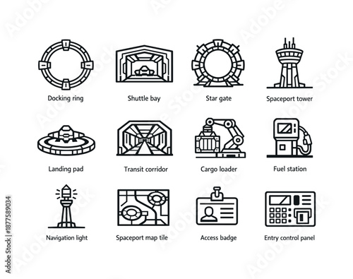 Galactic Icon Set. Galactic transportation hubs. Line icon set of Galactic transportation hubs: docking ring, shuttle bay, star gate, spaceport tower, landing