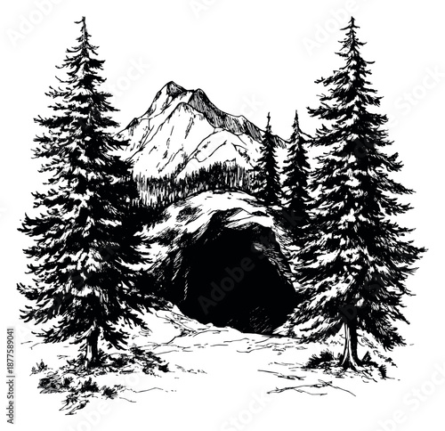 Hand drawn line art illustration of a mountain cave scene depicting a wilderness landscape with pine trees and mountains for nature adventure designs