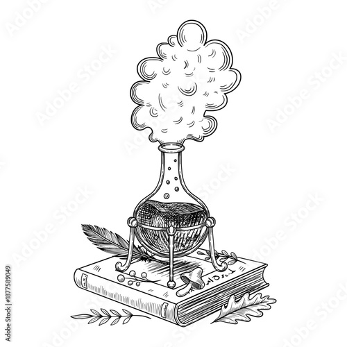Vector alchemy flask standing on old book in graphic style. Linear illustration with Potion and leaves for occult fantasy scenes, magic themes, tarot designs, posters, prints, tattoos and mystical art