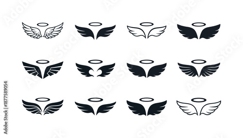 Angel Wings Logos. Angel wings. Icon set. Set Logo of angel wings: winged halo. harmonious logo variations of the same emblematic concept, each with different