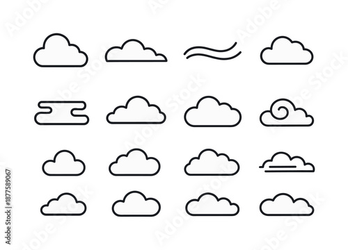 Cloud Icon Collection. Cloud shapes. Line icon set of cloud shapes: cumulus cloud, stratus cloud, cirrus cloud, cumulonimbus, nimbostratus, altostratus,
