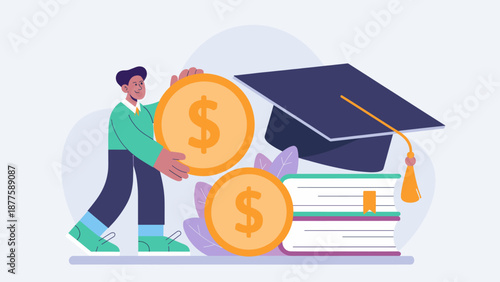 student with money and a graduation cap vector illustration, education finance, scholarships, and student loans