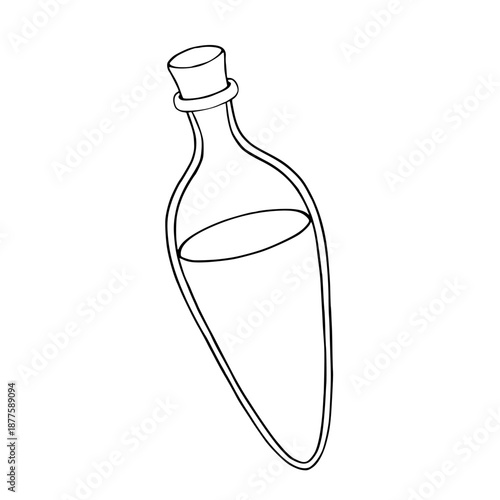 Vector glass bottle with liquid drawn in minimal graphic line style. Outline linear illustration of Potion for alchemy symbols, potion illustrations, fantasy designs, icons, tattoos, posters.
