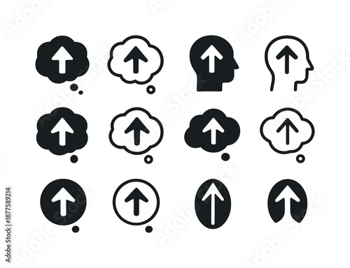 Positive Thinking Icons. Positive thinking and mindset shifts. Icon set. Set Logo of Positive thinking and mindset shifts: Upward arrow in thought bubble: