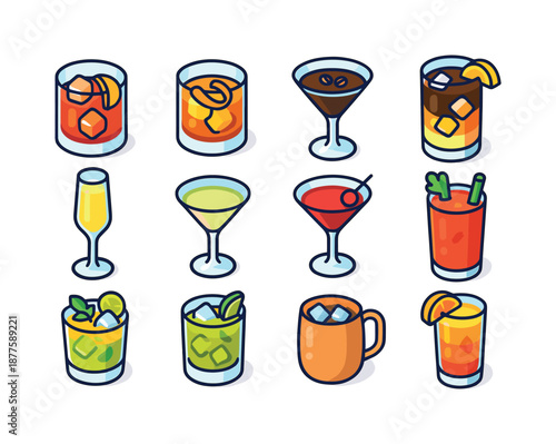 Signature Cocktail Icons. Signature cocktails. Colorful isometric vector icons set of Signature cocktails: negroni, old fashioned, espresso martini, dark and