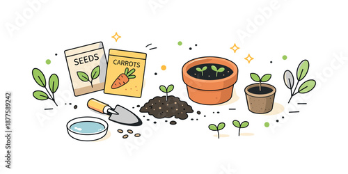 Seedling Growth Illustrations. Plant growth and seedlings illustrations. A minimal flat lay of seed packets, soil, pot and tiny sprouts, abstract leaves and
