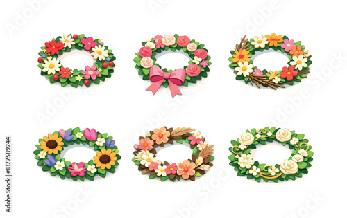 Colorful Flower Wreaths Grid. Decorative flower wreaths. Isometric flat vector icons set of Decorative flower wreaths: festive floral wreath, ribbon-tied