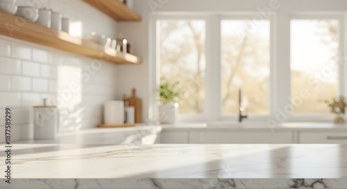Bright and airy kitchen interior featuring white countertops wooden shelves and a large window