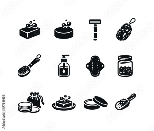 Plastic-Free Bathroom Essentials. Plastic-free bathroom. Solid icon set of Plastic-free bathroom: shampoo bar, conditioner bar, bamboo razor, loofah, natural