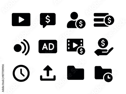 Content Monetization Icons. Content monetization. Solid icon set of content monetization: video icon, play button, comment bubble, monetization symbol,