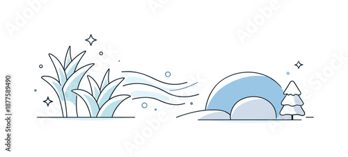 Minimalist Winter Scene. Frost and stillness concept. Abstract winter scene with minimal shapes representing frost patterns and frozen air, clean modern