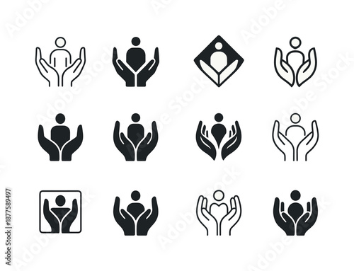 Therapeutic Touch Icons. Therapeutic touch. Icon set. Set Logo of therapeutic touch: healing hands. harmonious logo variations: Minimal outline, Filled