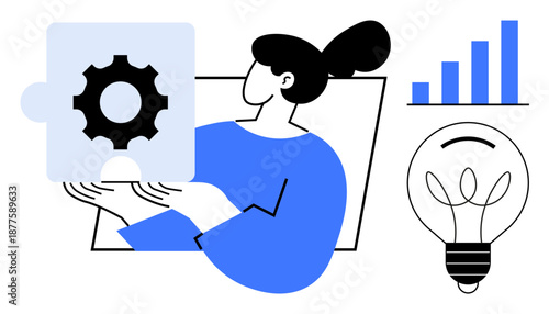 Business innovation, problem-solving, team strategy, process improvement, creative solutions, progress tracking. Woman holding a puzzle with a gear. Business innovation and problem-solving concept