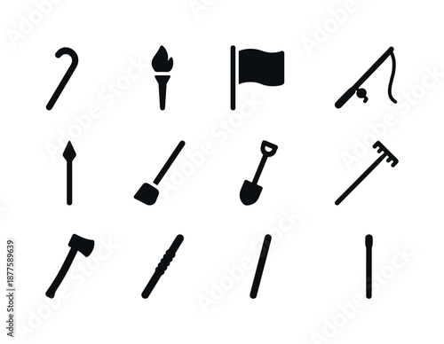 Tool Sticks Icon Set. Tool Sticks. Solid icon set of Tool Sticks: walking cane, torch stick, flag pole, fishing rod, spear stick, broomstick, shovel handle,