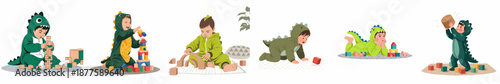 Adorable toddlers wearing dinosaur costumes playing with colorful wooden building blocks, illustrating imaginative play and early childhood development.