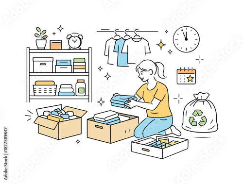 New Year Decluttering. Cleaning house before New Year organizing. Person sorting boxes, shelves or drawers, neatly arranging items. Order, clarity and mindful