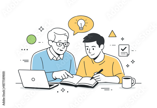 Mentorship in Motion. Business mentorship. An experienced professional guiding a colleague, reviewing notes together and sharing advice. Calm knowledge