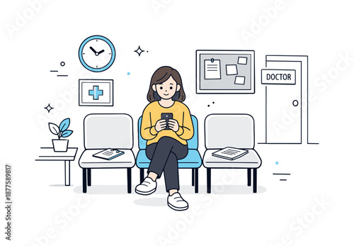 Calm Waiting Room. Doctor appointment waiting room. Patient sitting and waiting calmly with documents or a phone. Quiet moment and everyday healthcare routine.