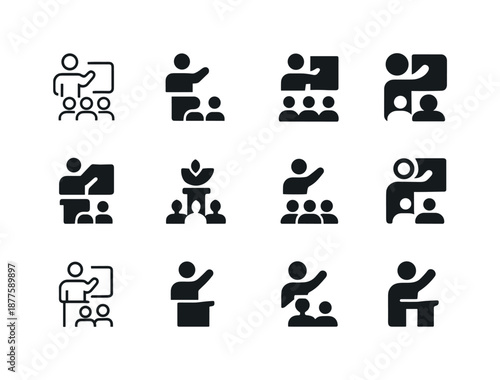 Educational Icons Grid. Exhibitions and learning experiences. Icon set. Set Logo of exhibitions and learning experiences: educational workshop