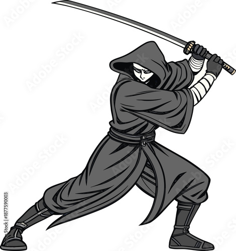 Hooded Ninja Warrior with Katana Sword Vector