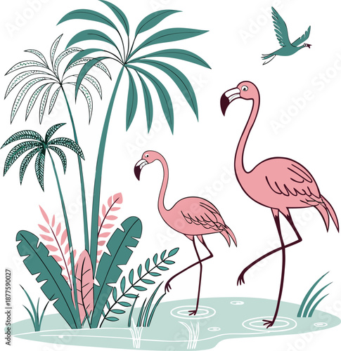 Tropical Pink Flamingo Paradise with Palm Trees Vector