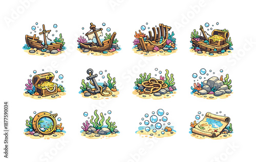 Sunken Ship Icons. sunken ships. Colorful isometric vector icons set of sunken ships: broken hull, tilted mast, shipwreck ribs, coral-covered deck, treasure
