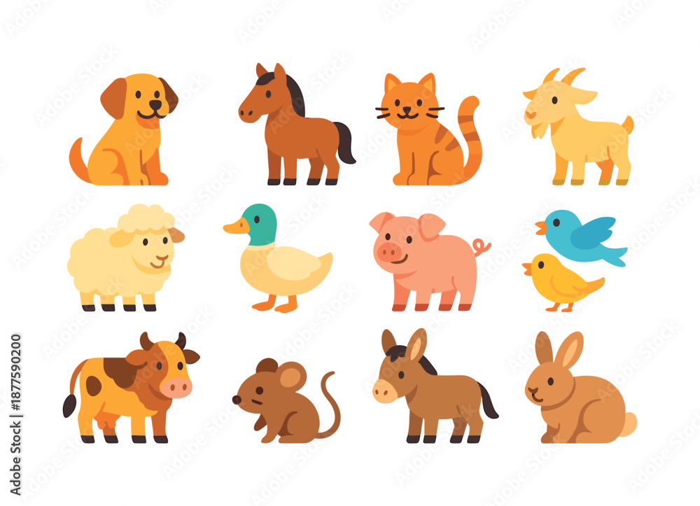 Naklejka premium Rural Animal Icons. Rural Companions. Colorful flat vector icons set of Rural Companions: farm dog buddy, loyal horse, barn kitten, friendly goat, soft sheep,