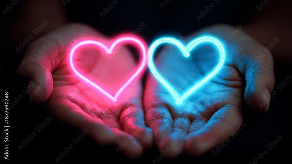 Fototapeta premium A person holds glowing neon hearts in their cupped hands in the dark