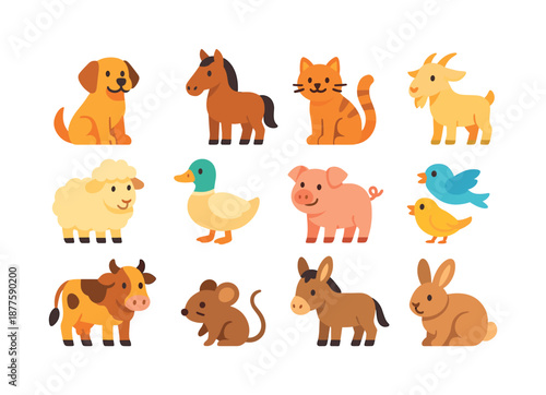 Rural Animal Icons. Rural Companions. Colorful flat vector icons set of Rural Companions: farm dog buddy, loyal horse, barn kitten, friendly goat, soft sheep,