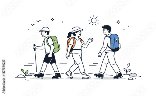 Scenic Hiking Adventure. People hiking. Small group walking along a trail with backpacks, enjoying nature together. Calm outdoor activity and shared adventure.