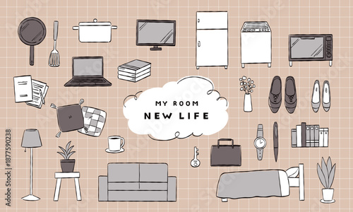 新生活をイメージする手書き風の家具と小物のイラストセット（モノトーン風）