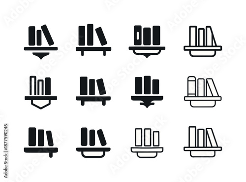 Peanutsold Bookshelf Icons. peanutsold bookshelf. Icon set. Set Logo of peanutsold bookshelf: wall-mounted shelf with books. harmonious logo variations of the