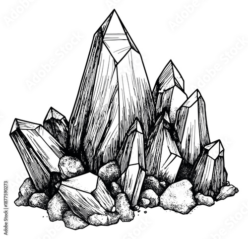 Hand drawn line art illustration of a crystal cluster depicting a natural mineral formation for geology and spiritual themes