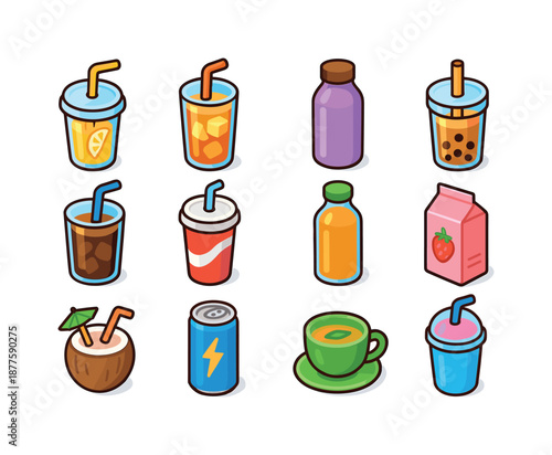 Street Beverage Icons. Street beverages. Colorful isometric vector icons set of street beverages: lemonade cup, iced tea glass, smoothie bottle, bubble tea,