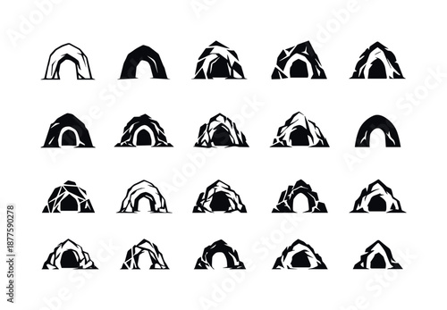 Caves Icons Collection. Caves and caverns. Icon set. Set Logo of Caves and caverns: cave entrance arch. harmonious logo variations of the same emblematic