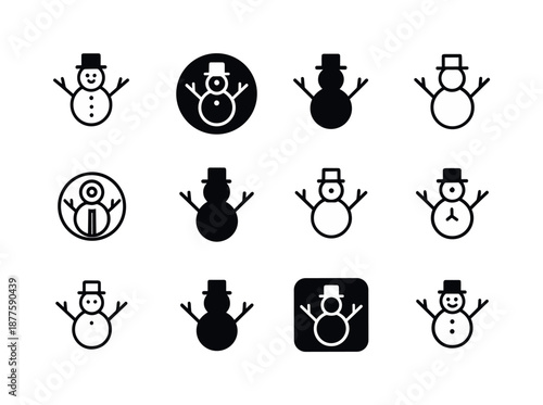 Snowman Contest Icons. Snowman-building contest and snow activities. Icon set. Set Logo of Snowman-building contest and snow activities: branch arms.