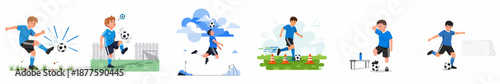 Collection of illustrations showing a young football player practicing various skills: kicking, juggling, heading, dribbling drills, and taking a break.