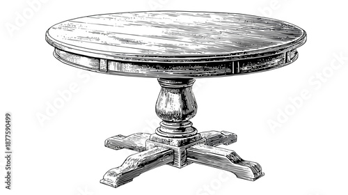 A detailed black and white illustration of a classic round table