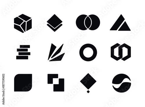 Geometric Icon Grid. Geometric abstraction. Solid icon set of geometric abstraction: fragmented cube, layered shapes, overlapping circles, broken triangle,