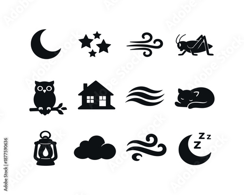 Night Ambience Icons. Night ambience. Solid icon set of night ambience: crescent moon, star cluster, soft wind icon, night cricket symbol, distant owl, quiet
