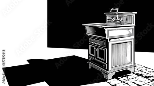 A detailed black and white sketch depicts a freestanding sink with elaborate hardware