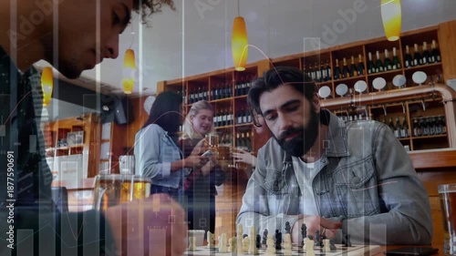 Animation of data processing over diverse friends in bar